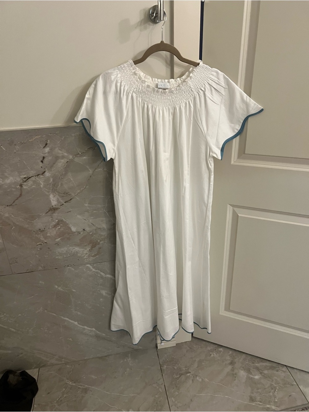Smocked-Neck White Midi Dress with Blue Trim